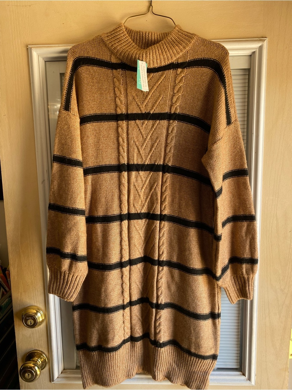 Maurices Tan Cable Knit Sweater Dress with Black Stripes